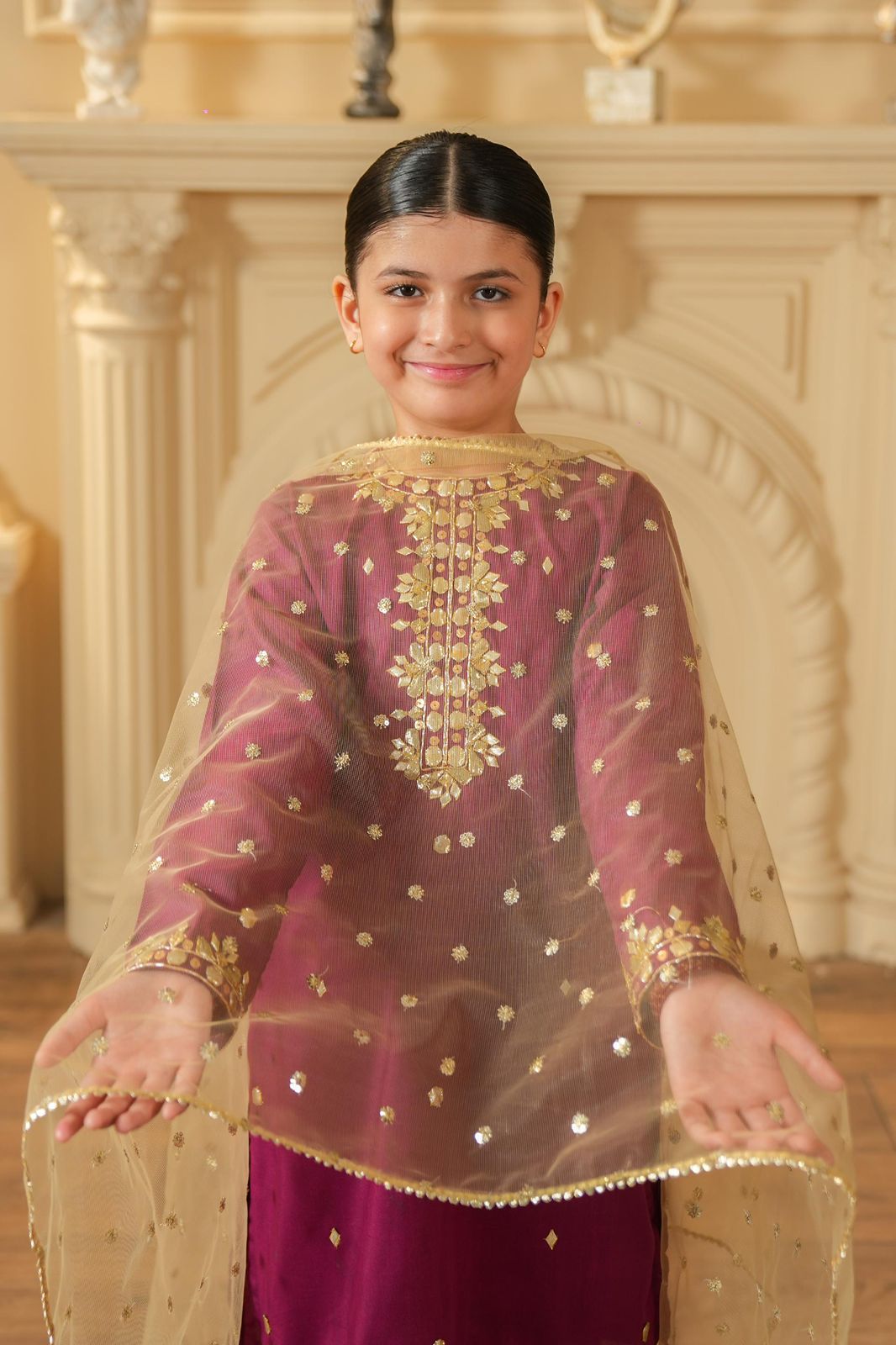 Golden Embroidered Booti Net Dupatta
